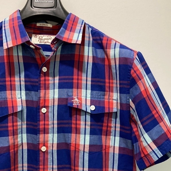 Original Penguin Blue Red Plaid Short Sleeve Classic Fit Button Up Shirt Large - Picture 2 of 11